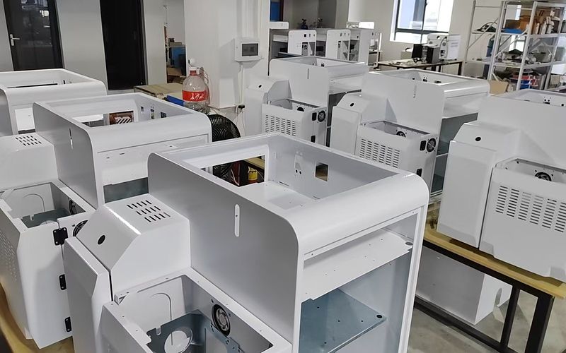 Workshop overview: white instrument housings staged on benches at the Changsha production site